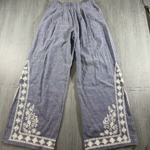 THML Linen Cotton Denim Wide Leg Pant With Embroidered Lace Design Medium